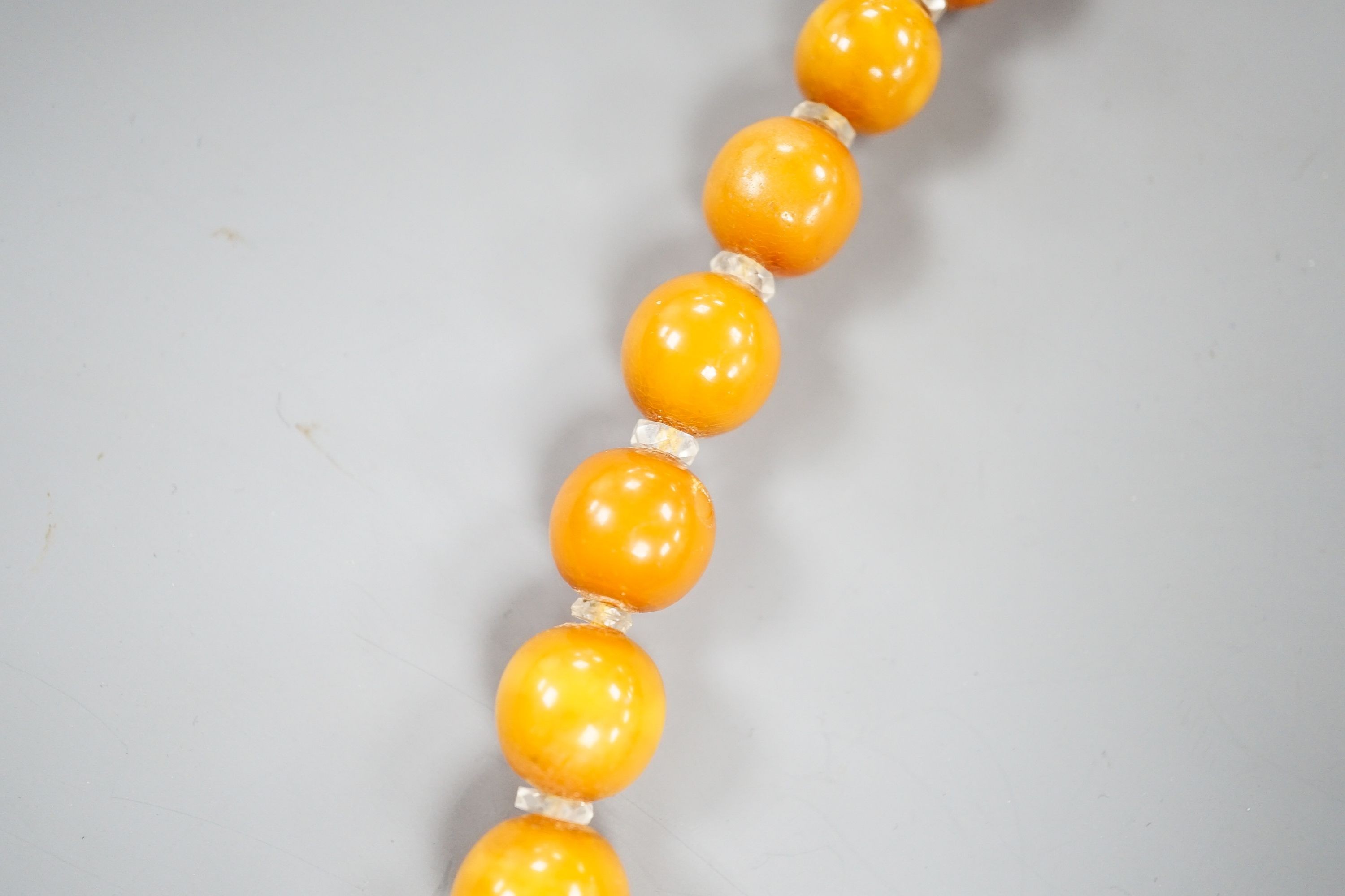 A single strand graduated amber bead necklace, with paste spacers, 42cm, gross weight 31 grams.